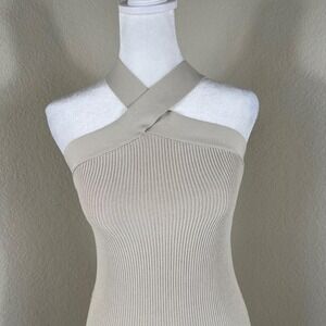 Aritzia Babaton Sculpt Kint Criss Cross Mini Dress Medium Beige Y2K Minimalist